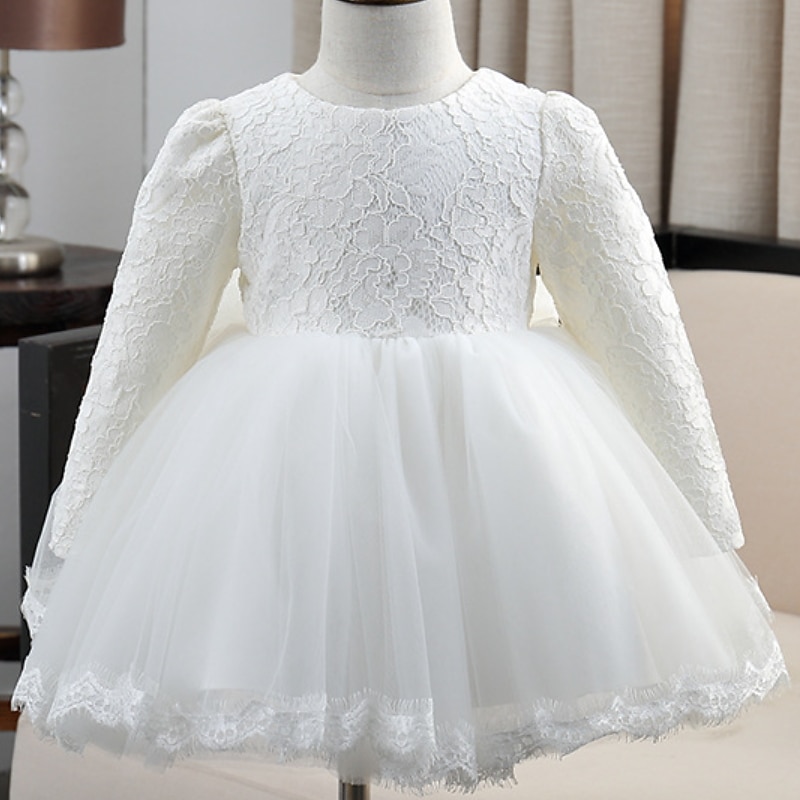 Flower Girl Dress Girls' Party Dress Formal Performance Wedding Adorable Princess Solid Color Long Sleeve Square Collar White Pink 4 years+4