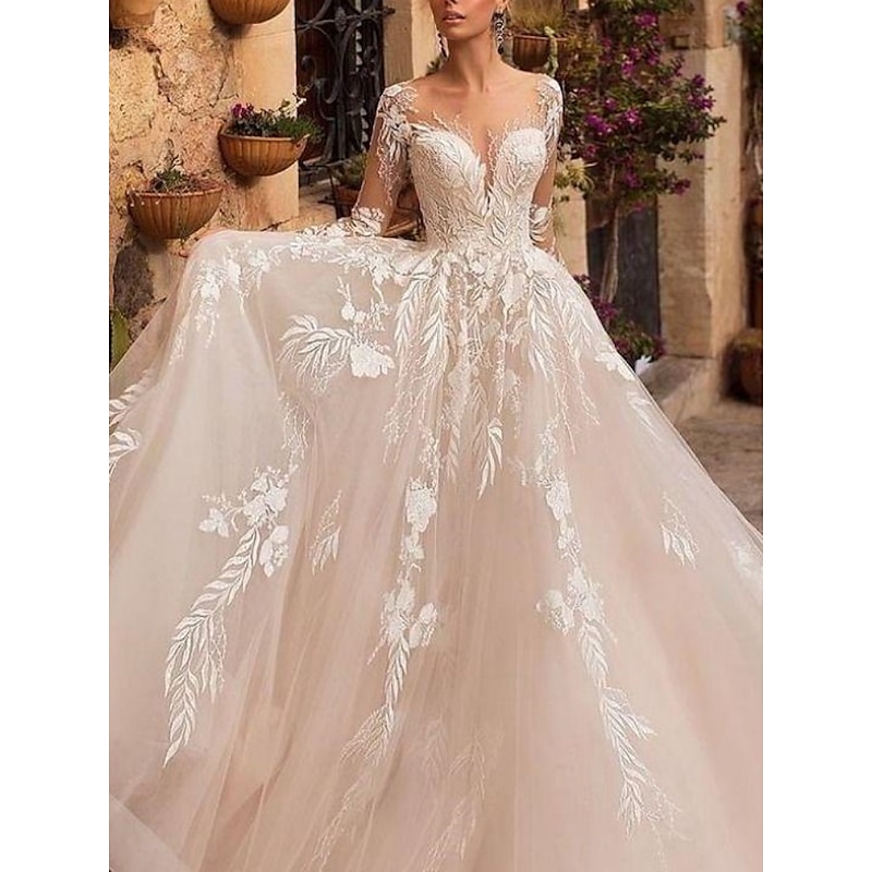 Beach Wedding Formal Wedding Dresses A-Line V Neck Long Sleeve Court Train Tulle Bridal Gowns With Pleats Appliques 2025 2025 - $288.99