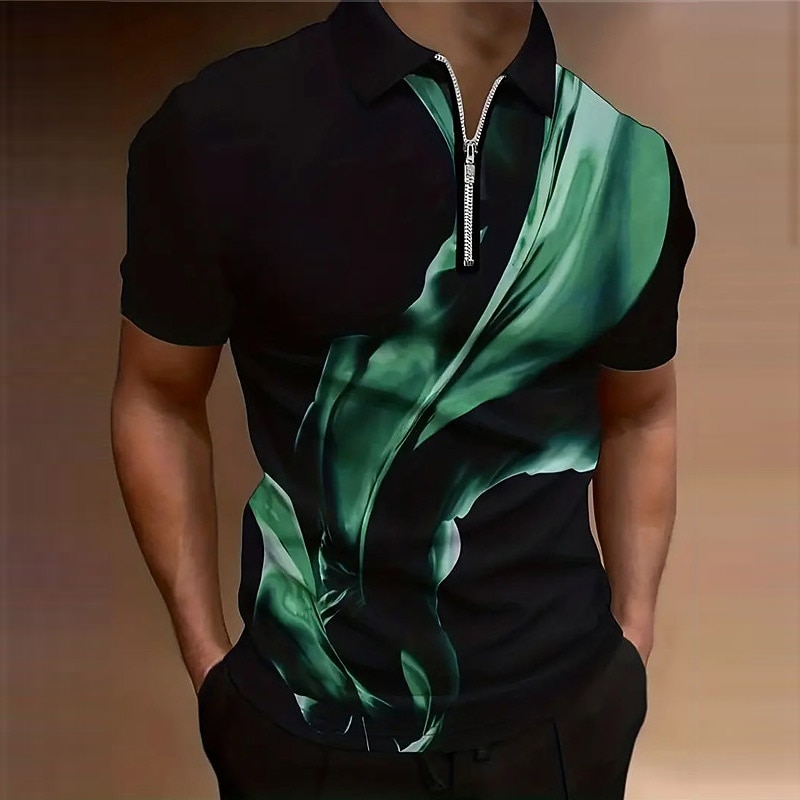 Men's Graphic Zip Polo Shirts Golf Shirt Short Sleeve Polo Shirts Collared Shirts Casual Vacation Wear Rave Wear Party Outfits 3D Print Quarter Zip Polo Autumn / Fall Red Blue Green3