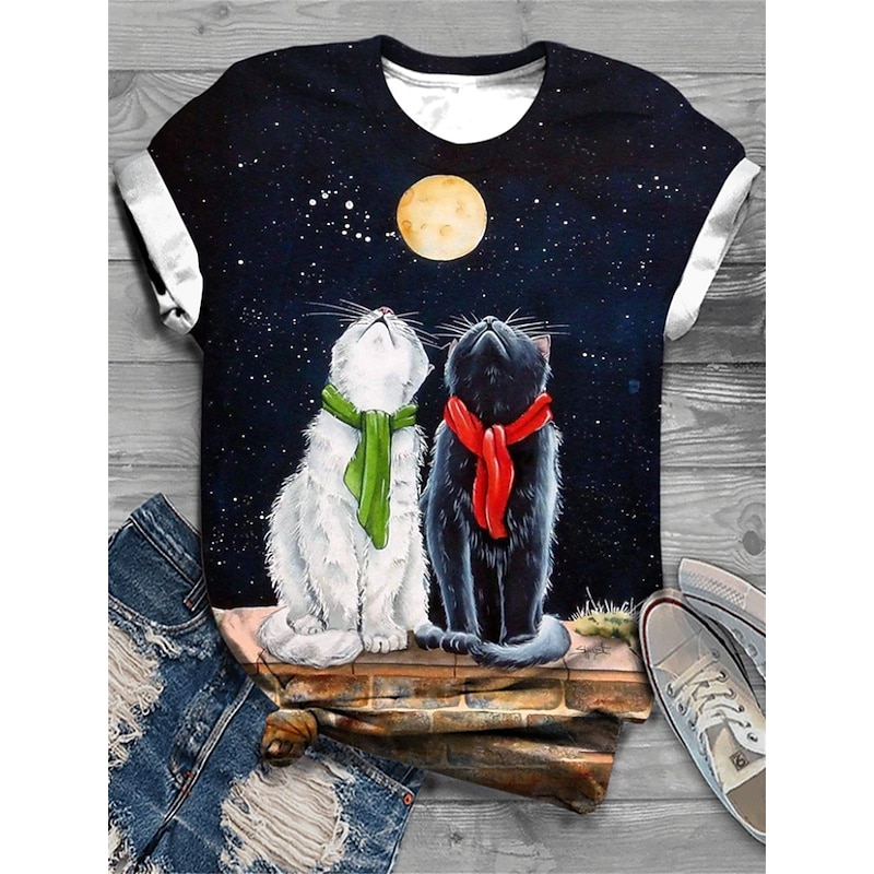 Women's T Shirt Fashion Cat Print Short Sleeve Regular Tops Round Neck Daily Weekend Black Yellow Navy Blue Beige Summer4