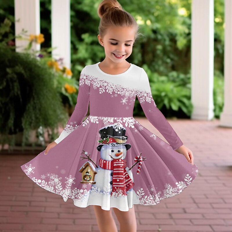 Girls' 3D Snowman Snowflake Dress Long Sleeve 3D Print Fall Winter Sports & Outdoor Daily Holiday Cute Casual Beautiful Kids 3-12 Years Casual Dress A Line Dress Above Knee Polyester Regular Fit3