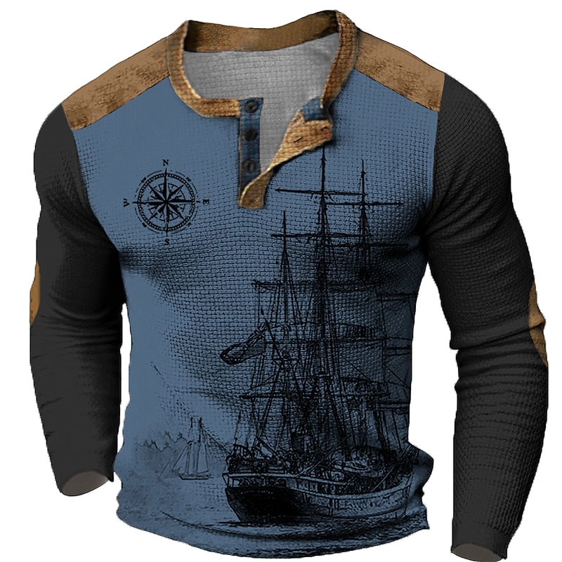 Men's Ship Nautical Compass Henley Shirt Waffle T Shirt Long Sleeve 3D Print Designer Retro Vintage Casual Sports Outdoor Holiday Festival Spring &  Fall Light Brown Blue Brown Green Gray Henley3