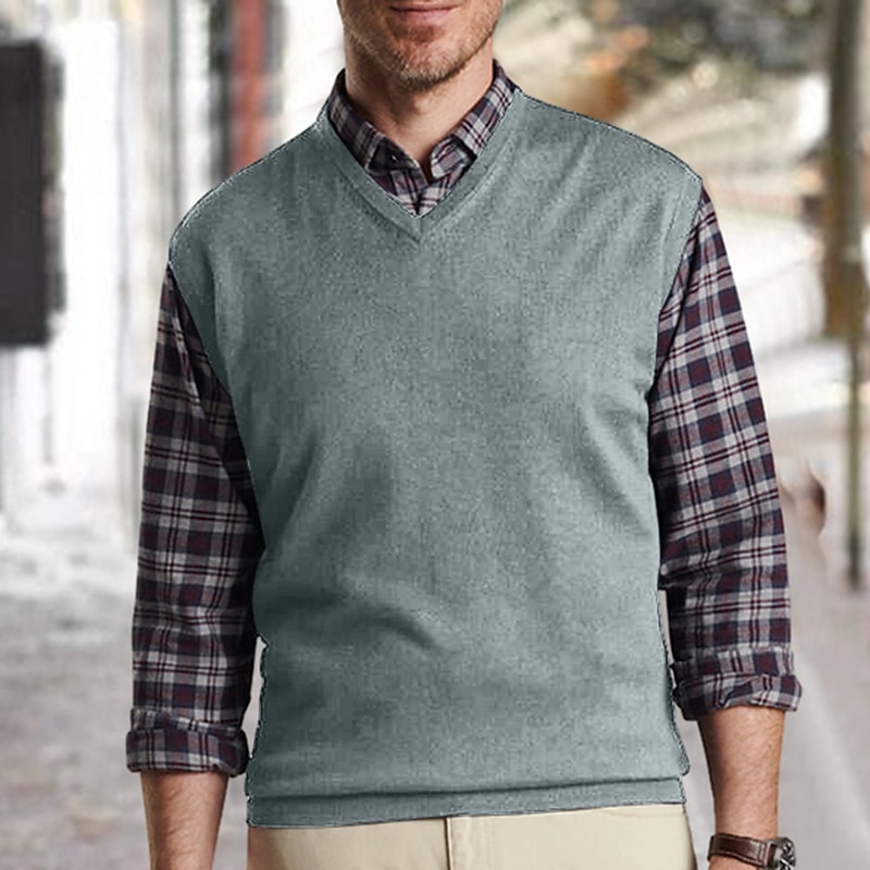 Men's Sweater Vest Dress Sweater Pullover Ribbed Knit Regular Tops Knitted Plain V Neck Modern Contemporary Work Daily Wear Clothing Apparel Sleeveless Winter Camel Wine S M L4