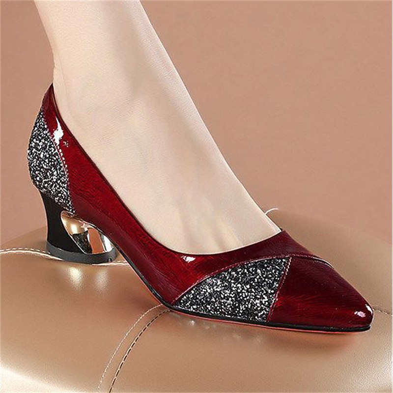 Women's Glitter-Accented Patent Faux Leather Block Heels – Elegant Pointed Toe Pumps for Formal Occasions2
