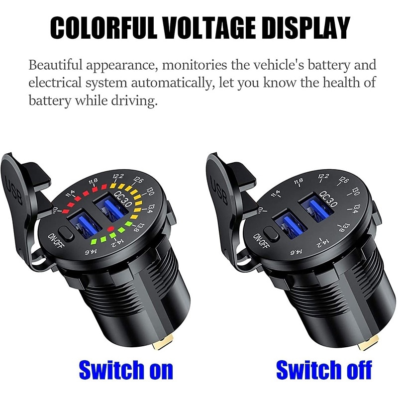 36W Dual USB QC3.0 Car Charger 12V USB Outlet Quick Charging Power Socket with Colorful Digital Voltmeter & ON/Off Switch & 10A Built-in Fuse for Vehicles Motorcycles Marine Boat ATV Bus Truck3