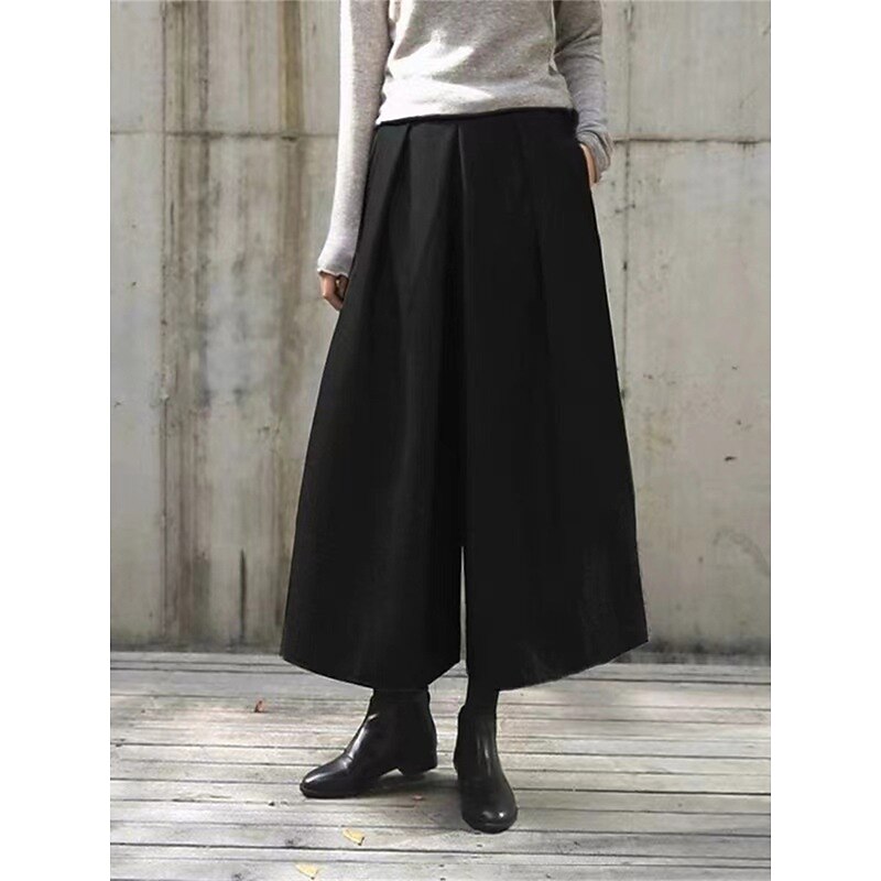 Women's Wide Leg Cropped Pants Fashion Streetwear Ankle-Length High Waist Plain Pleated High Cut Comfort Breathability Soft Micro-elastic Vacation Street Daily Dark-Gray Black Fall Winter4