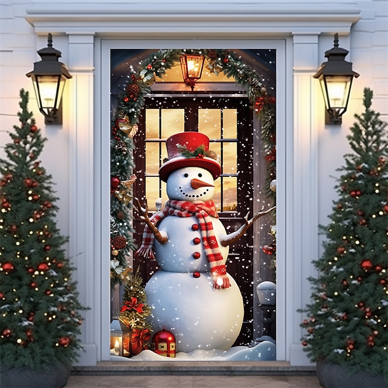 Christmas Door Decorations Snowman Door Covers Door Tapesty Door Curtain Decoration Backdrop Door Banner for Front Door Farmhouse Holiday Party Decor Supplies