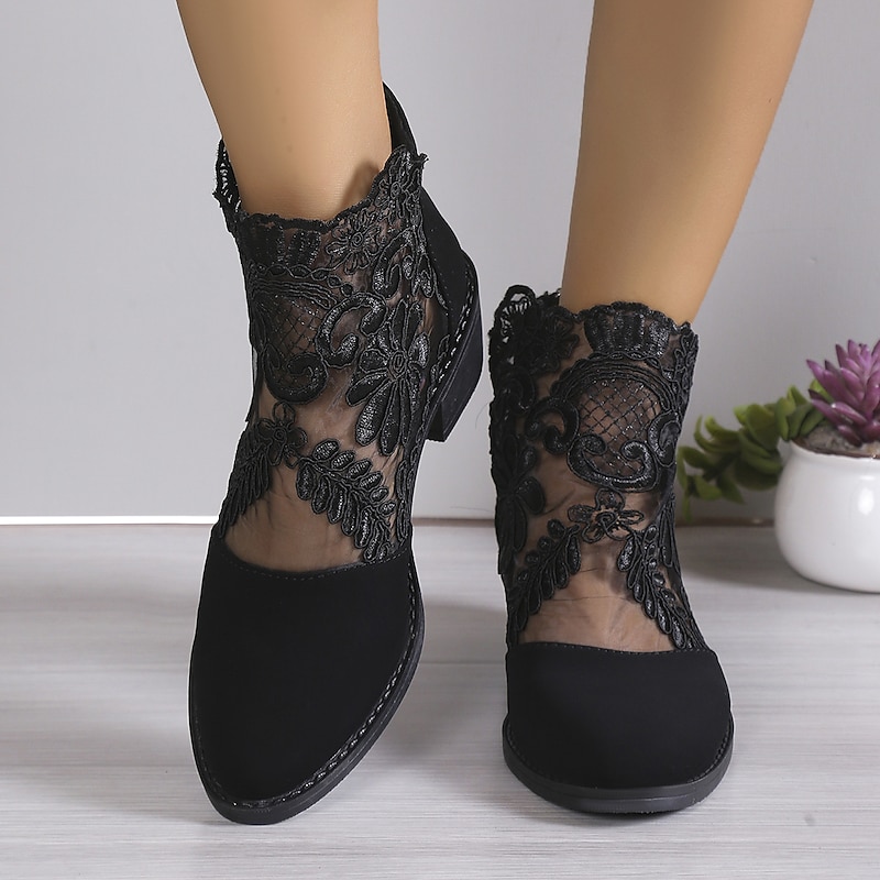 Women's Black Lace Ankle Boots with Floral Mesh Design and Low Block Heel - Elegant Footwear for Casual and Dressy Occasions2