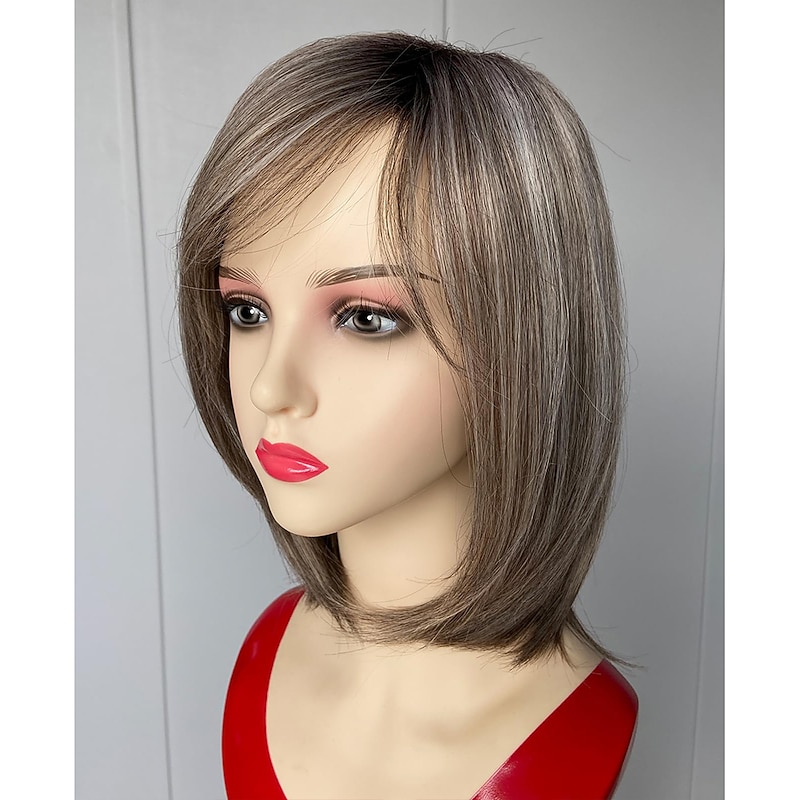 Short Ombre Grey Wigs for Women Layered Chin length Gray Bob Wig Mid-length Straight Hair Wig Natural Looking Synthetic Wig3