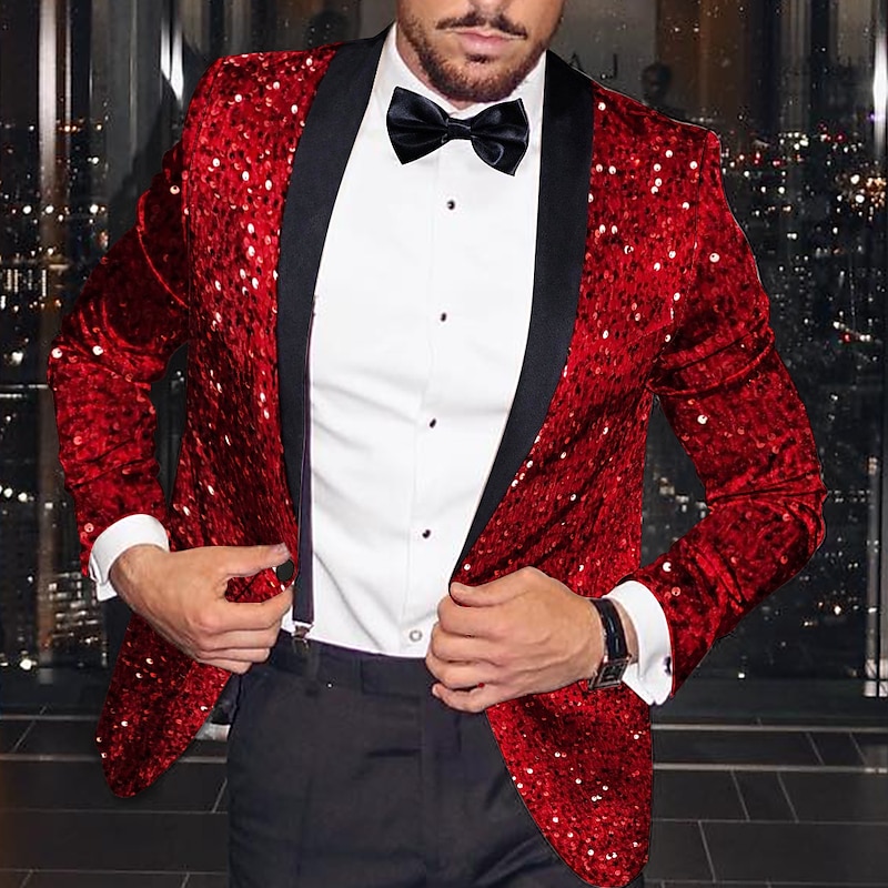 Men's Blazer Jacket Tuxedo Notch Collar Fashion Disco Sequin Pattern Red Plus Size Single Breasted One-button