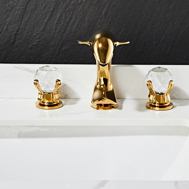 Dolphin Shape Bathroom Sink Faucet, Widespread Crystal Accents Two Handles Three Holes Bath Mixer Taps for Sink, Hot and Cold Water Hoses Included2