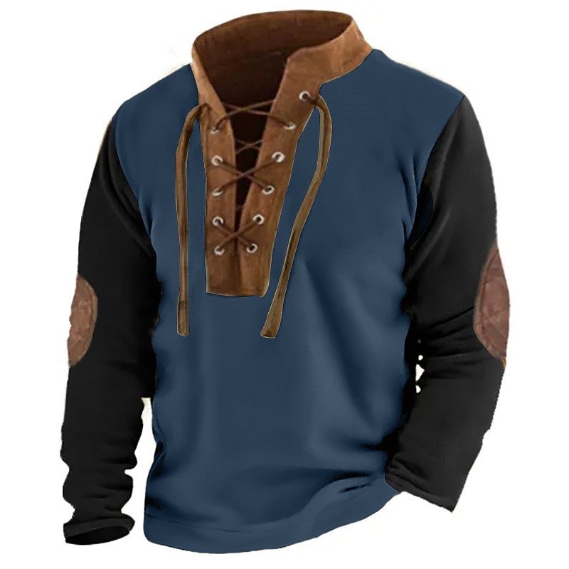 Men's T Shirt Tee Top Long Sleeve Shirt Long Sleeve Standing Collar Spring &  Fall Color Block Fashion Designer Basic Lace up Patchwork Vacation Street Going out Black Blue khaki Top Tee for Men3