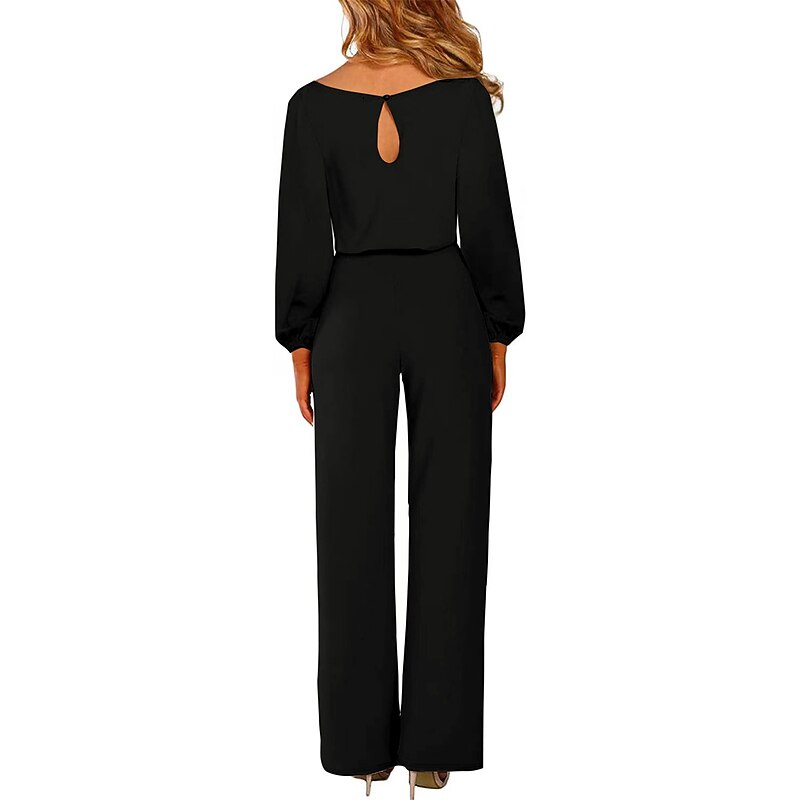 Women's Normal Jumpsuit Elegant Solid Color Long Sleeve Crew Neck Lace up High Waist Work Street Regular Fit Black Wine Navy Blue Fall2
