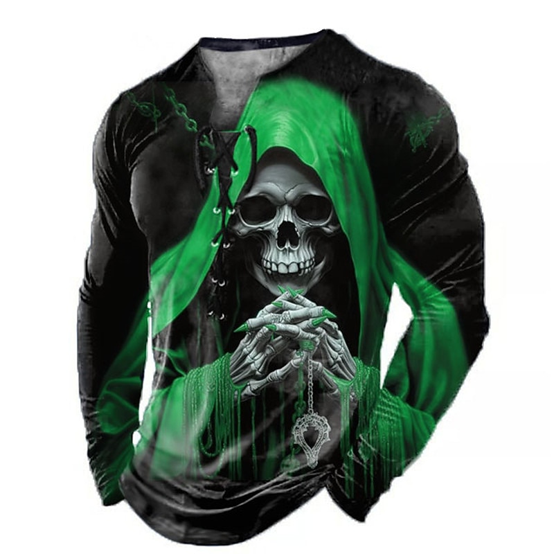 Men's Graphic Grim Reaper Skeleton Skulls T Shirt Long Sleeve T shirt 3D Print Collar Shirt Fashion Daily Outdoor Casual Holiday Going out Red Blue Purple Spring &  Fall Clothing Apparel S M L XL 2XL3