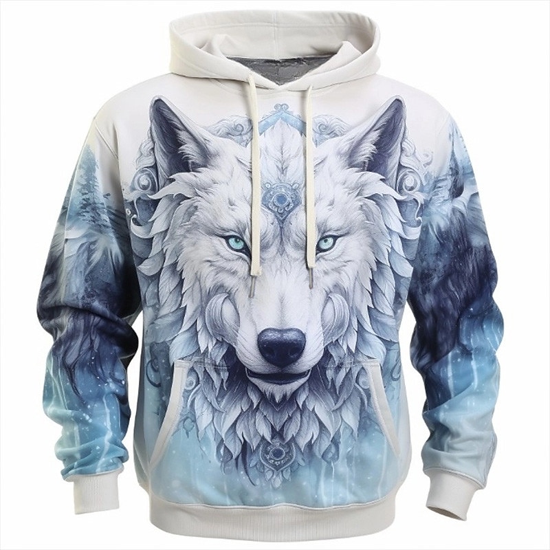 Men's Graphic Animal Wolf Hoodie Hoodies Sweatshirt Fashion Daily Long Sleeve Hooded Vacation Sports Outdoor Holiday Blue Dark Blue Print Front Pocket Spring &  Fall Designer