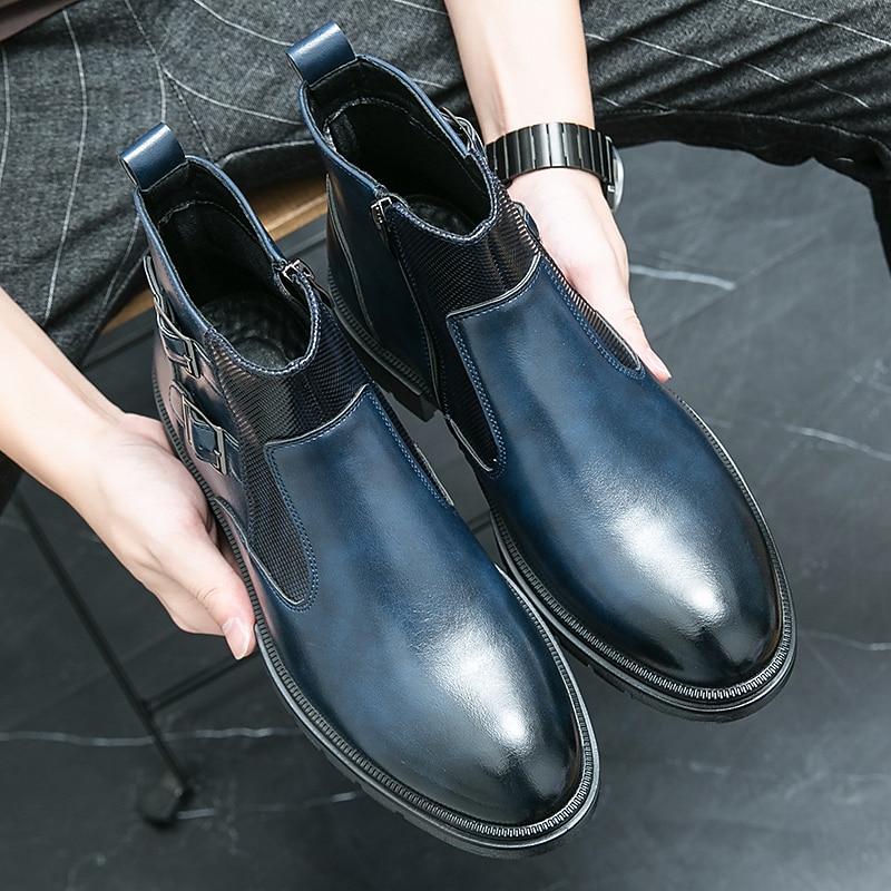 Men's Navy Blue Faux Leather Chelsea Boots, Double Buckle Ankle Boots with Elastic Side for Stylish Durable Wear 14