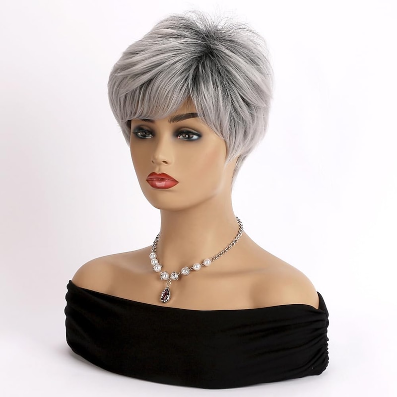 Short Gray Wig for Women,gray Silver Synthetic Layered Pixie Cut Wig with Bangs Natural Looking Costume Hair Wig Ladies Gray Short Fluffy Layered Wigs for Middle-aged and Older Women3