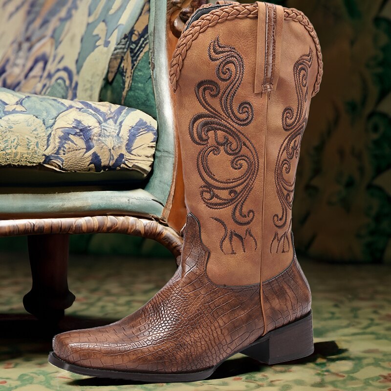Men's Western Cowboy Boots – Brown Faux Leather with Embroidered Patterns and Crocodile Texture for Vintage Style