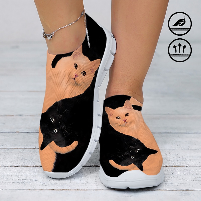 Women's Casual Slip-On Sneakers with Cute Cat Print – Lightweight and Breathable Mesh Shoes for Everyday Wear3
