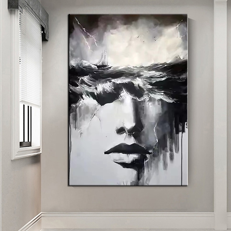 Handmade Woman Sea Storm Painting Hand Painted Oil Painting Wall Art Black art Woman Face Artwork Faceless painting Portrait oil painting Abstract Lady Painting Decor ready to hang or canvas3