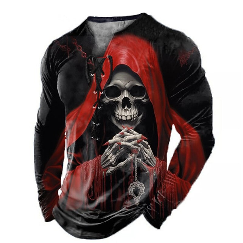 Men's Graphic Grim Reaper Skeleton Skulls T Shirt Long Sleeve T shirt 3D Print Collar Shirt Fashion Daily Outdoor Casual Holiday Going out Red Blue Purple Spring &  Fall Clothing Apparel S M L XL 2XL