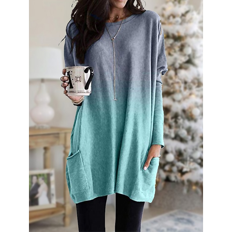 Women's Loungewear Top Gradient Simple Casual Comfort Home Daily Breathable Crew Neck Long Sleeve Pocket Fall Winter Home Outfits