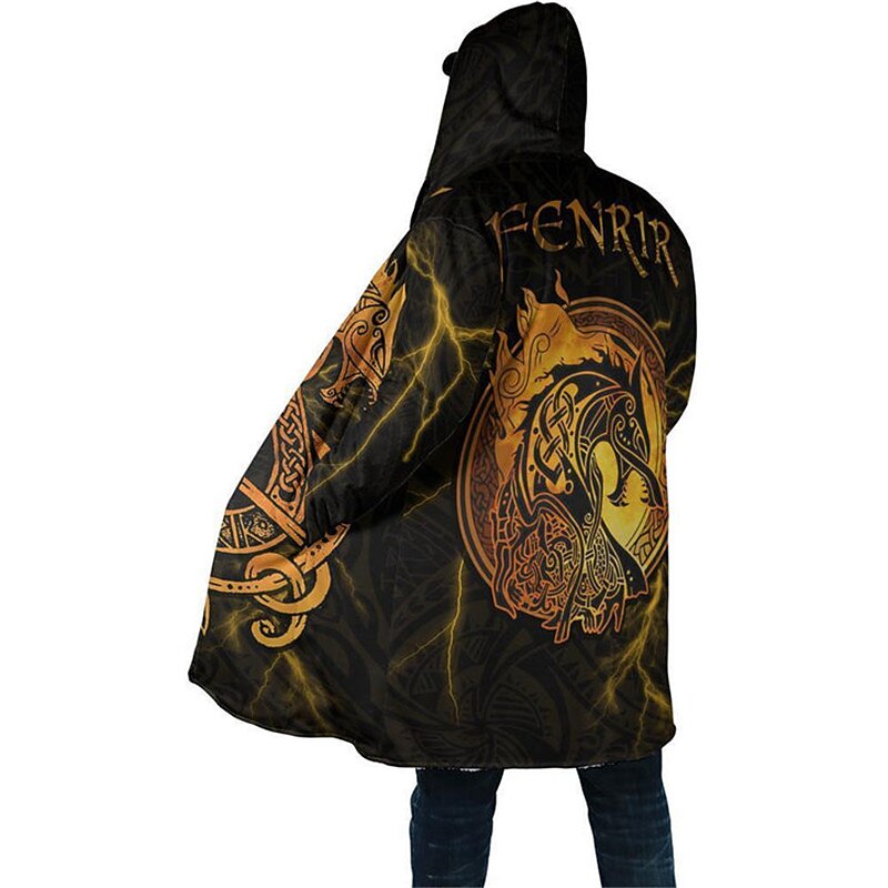 Men's Dragon Totem Winter Coat Fleece Jacket Coat Thermal Warm Abstract Gothic Daily Wear Going out Pocket Print Fall & Winter Hooded Long Sleeve Yellow Blue Orange3