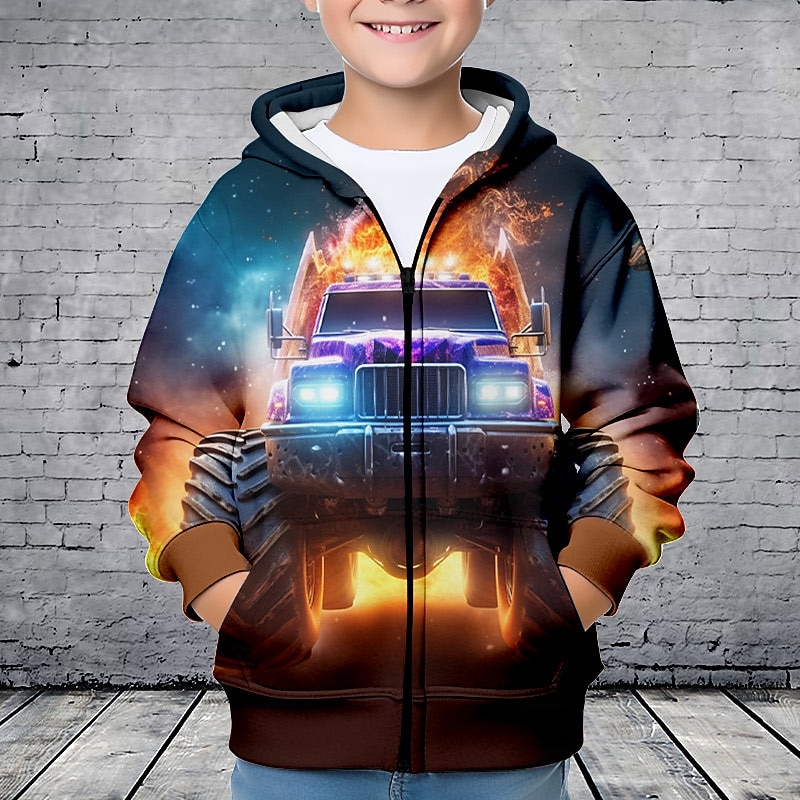 Boys 3D Car Hoodie Coat Outerwear Long Sleeve 3D Print Fall Winter Fashion Streetwear Cool Kids 3-12 Years Outdoor Casual Daily Regular Fit