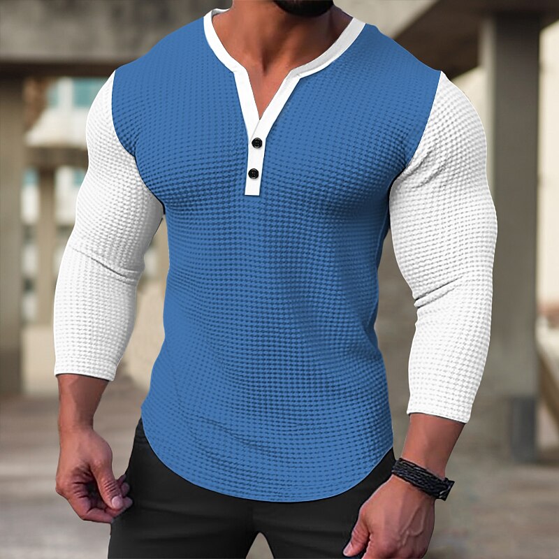 Men's Waffle Tee Waffle Shirt Button T Shirt T Shirt Long Sleeve Henley Spring &  Fall Color Block Fashion Designer Basic Patchwork Vacation Street Going out Black White Blue Top Tee for Men2