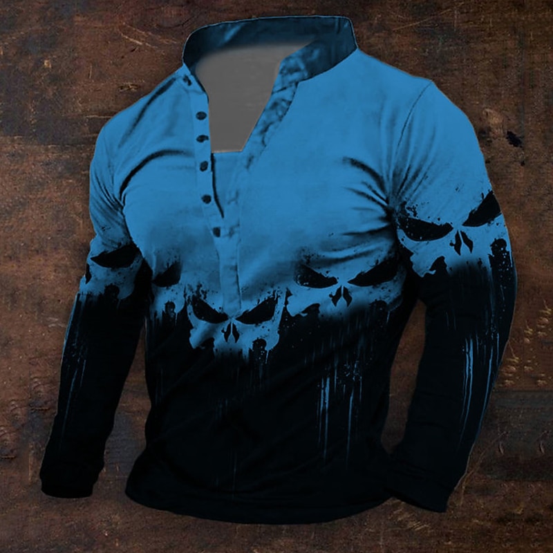 Men's Halloween Graphic Viking Skulls Henley Shirt Long Sleeve 3D Printing Daily Retro Vintage Casual Holiday Going out Festival Spring &  Fall White Blue Orange Green Henley Henley T-Shirt3
