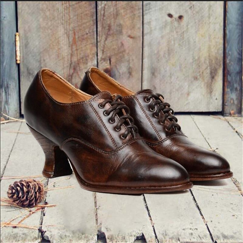Women's Gatsby Vintage Brown Faux Leather Lace-Up Heeled Oxford Shoes - Retro Victorian Style for Formal and Casual Wear2