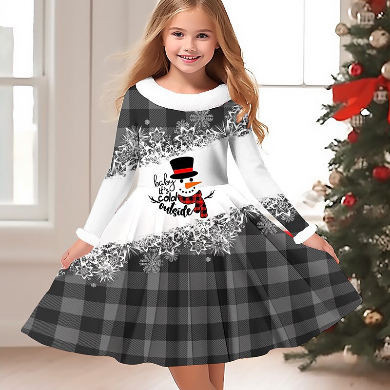 Girls' 3D Plaid Snowman Snowflake Dress Snowflake Dress Long Sleeve 3D Print Fall Winter Vacation Sports & Outdoor Daily Cute Casual Beautiful Kids 3-12 Years Casual Dress Swing Dress A Line Dress4