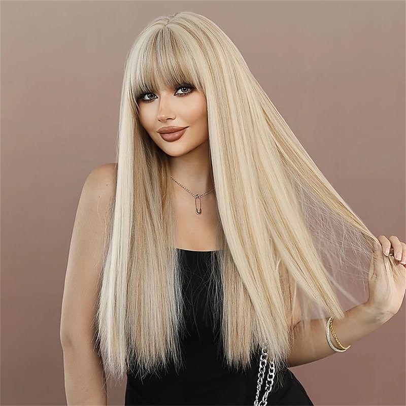 Synthetic Wig Straight Neat Bang Wig Long A1 A2 A3 Synthetic Hair Women's Fashionable Design Soft Natural Pink Dark Gray Blonde4