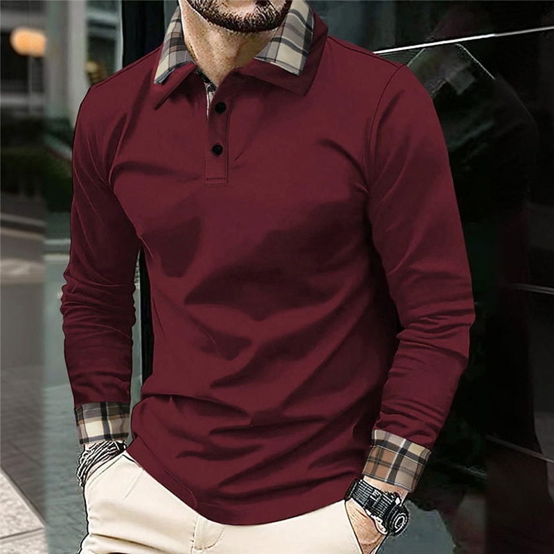 Men's Button Up Polos Polo Shirt Casual Sports Lapel Long Sleeve Fashion Basic Plaid Color Block Button Spring &  Fall Regular Fit Black Red Blue Brown Button Up Polos