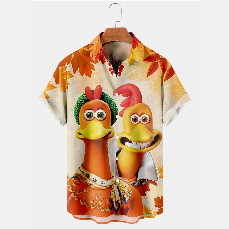 Christmas Men's Snowflake Turkey Shirt Button Up Shirt Short Sleeve Casual Daily Wear Going out Weekend Autumn / Fall Turndown Print Button-Down Yellow Burgundy