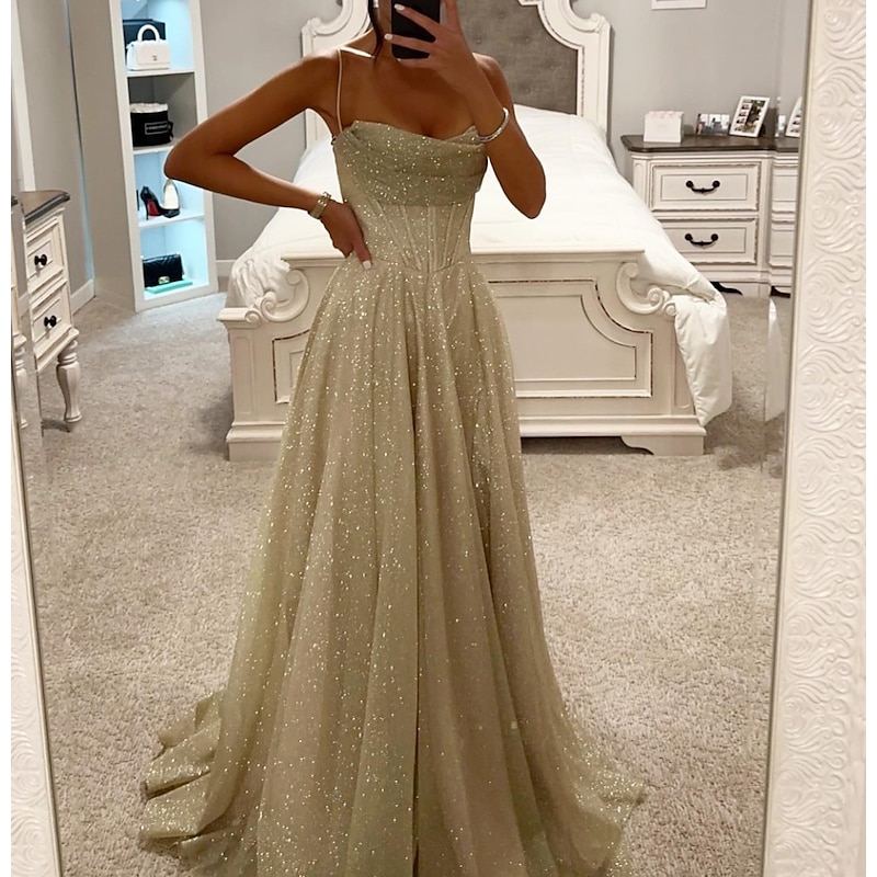 A-Line Gold Prom Dresses Glittering Dress Formal Evening Party Sweep / Brush Train Sleeveless Cowl Neck Tulle with Glitter Slit