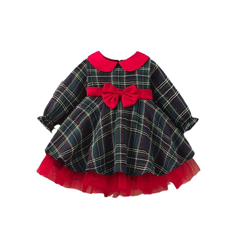 Toddler Girls' Dress Plaid Long Sleeve School Performance Party Tie Knot Active Adorable Daily Cotton Midi Casual Dress Spring Fall Winter 3-7 Years Red4
