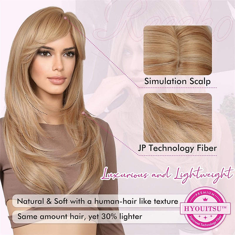 Long Blonde Wigs with Side Bangs Layered Wigs for Women Shoulder Length Synthetic Wigs for Women Daily Cosplay Halloween Party 23 Inch Golden Blonde with Light Blonde Highlights3