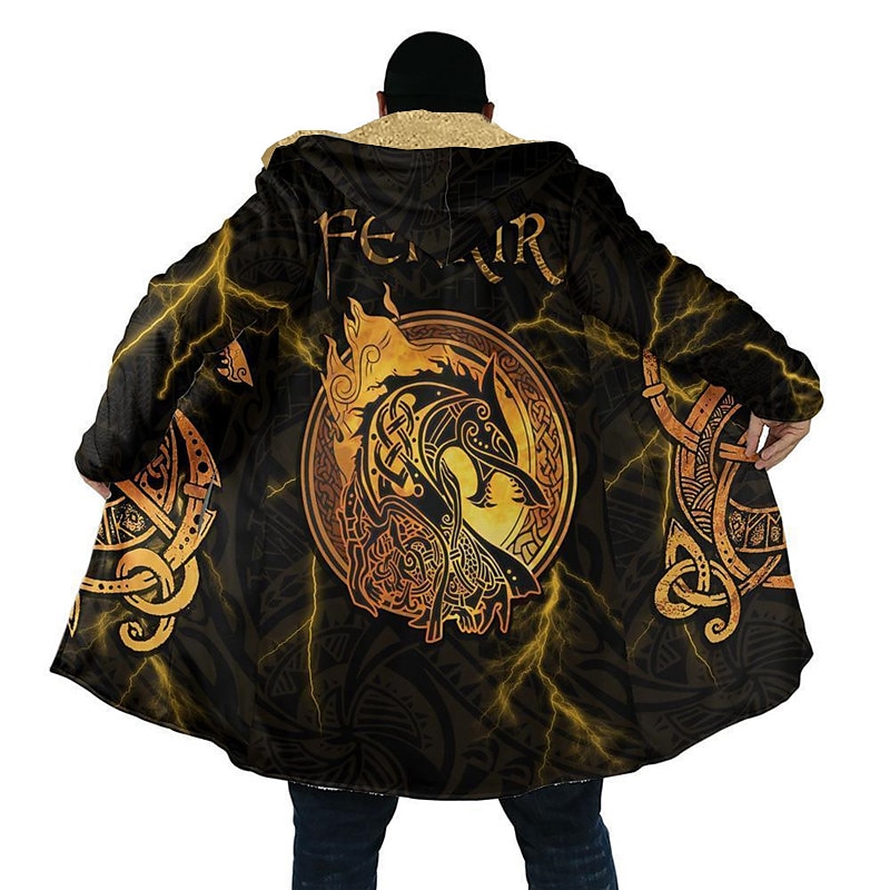 Men's Dragon Totem Winter Coat Fleece Jacket Coat Thermal Warm Abstract Gothic Daily Wear Going out Pocket Print Fall & Winter Hooded Long Sleeve Yellow Blue Orange - Main Image
