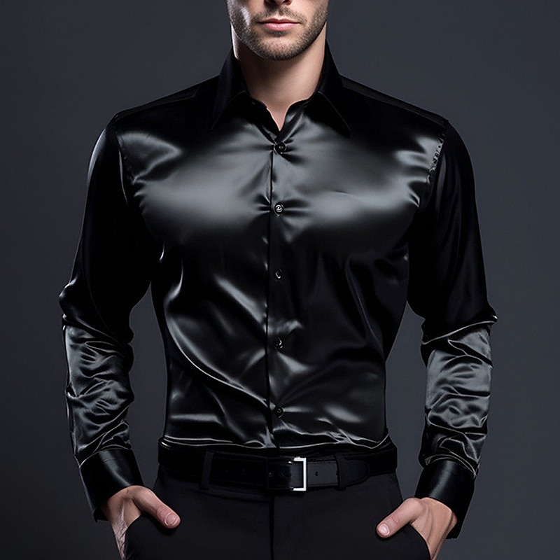 Men's Shirt Satin Shirt Casual Shirt Button Up Shirt Black Yellow Blue Red Light Grey Long Sleeve Plain Lapel Vacation Daily Clothing Apparel Fashion Casual Comfortable2