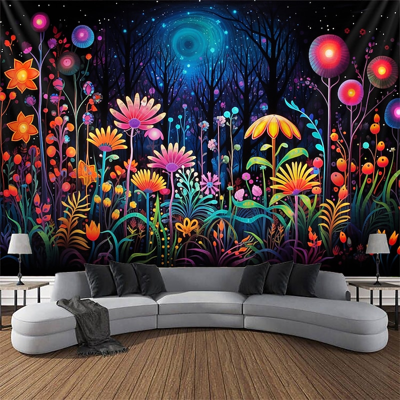 Blacklight Tapestry UV Reactive Glow in the Dark Flower Trippy Misty Nature Landscape Hanging Tapestry Wall Art Mural for Living Room Bedroom2