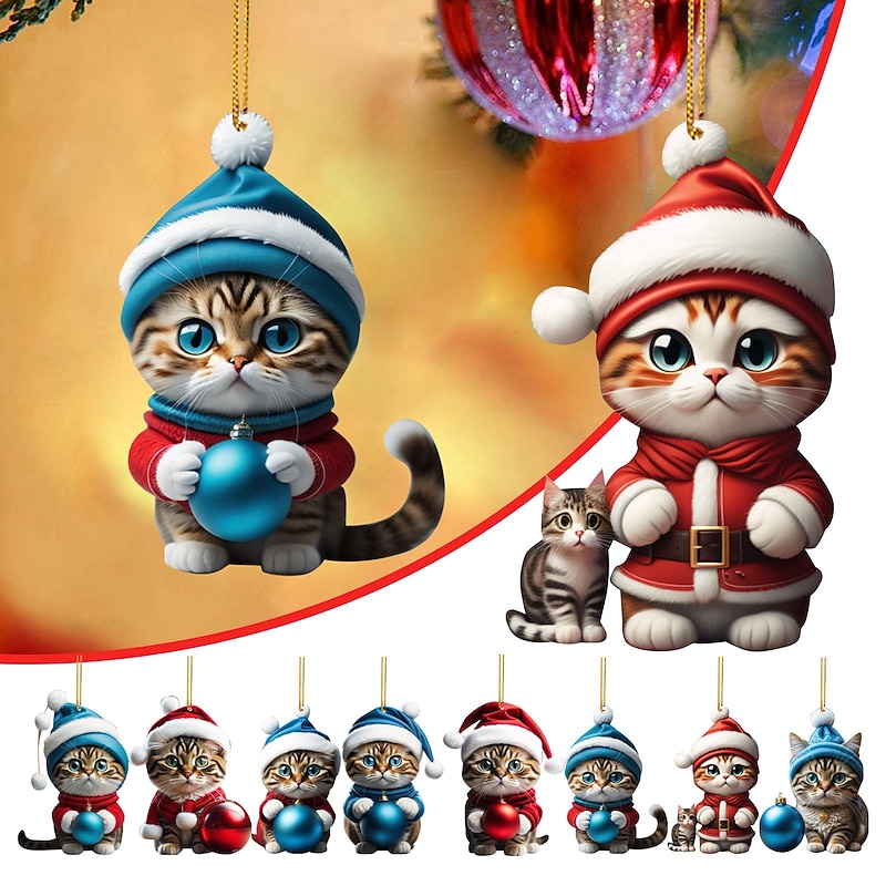 Christmas Decorations 2D Acrylic Cat Pendant Christmas Tree Hanging Decorations Cat Christmas Decorations Pendant Xmas Gift