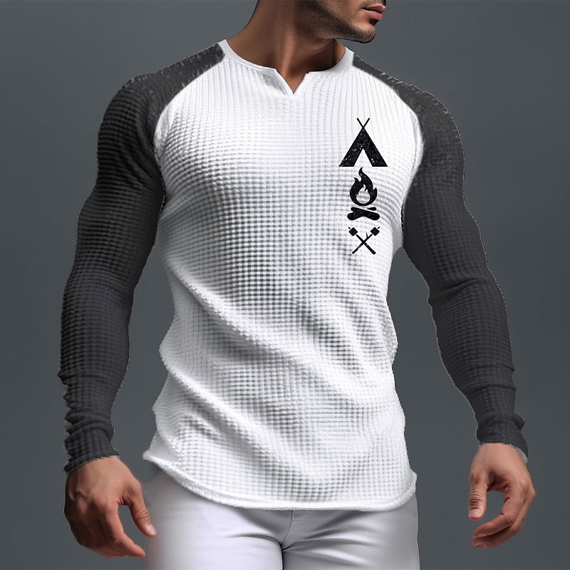 Men's Graphic Flame Waffle Shirt T Shirt Raglan T Shirt Long Sleeve T shirt 3D Print V Neck Shirt Sports Daily Casual Sports Outdoor Holiday Going out Black White Navy Blue Spring &  Fall Clothing3