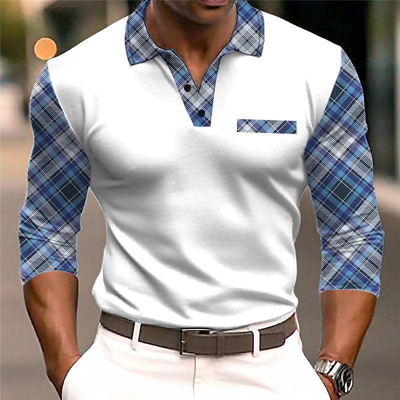 Kentucky Derby Men's Plaid / Check Cable Knit Polo Golf Polos Shirts Long Sleeve Polo Shirts Turndown Business Outdoor Casual Daily Streetwear 3D Print Fall & Winter Black White Dark Navy3