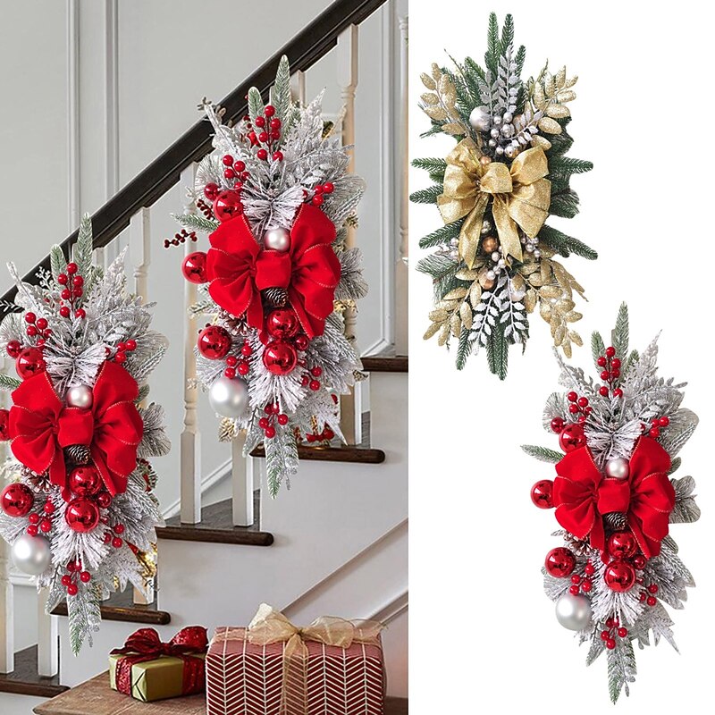 Christmas Swags Christmas Wreaths for Front Door, Prelit Xmas Stairway Swag Christmas Decorations, Artificial Winter Garland with Bow, Balls, Stair Railing Wall Window Xmas Decor