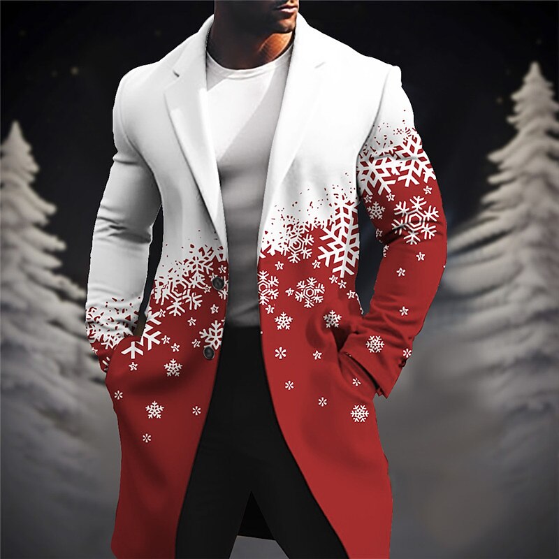 Men's Snowflake Winter Coat Overcoat Coat Warm Comfortable Breathable Business Casual Christmas Work Wear to work Pocket Print Fall & Winter Turndown Long Sleeve Wine Blue Purple