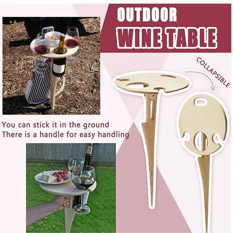 Outdoor Wine Table,Round Folding Wine Table,Wooden Picnic Camping Table Beach Table ,Champagne Picnic Table for Outdoors Park Lawn Beach Picnic Wine Glass Holder Travel3