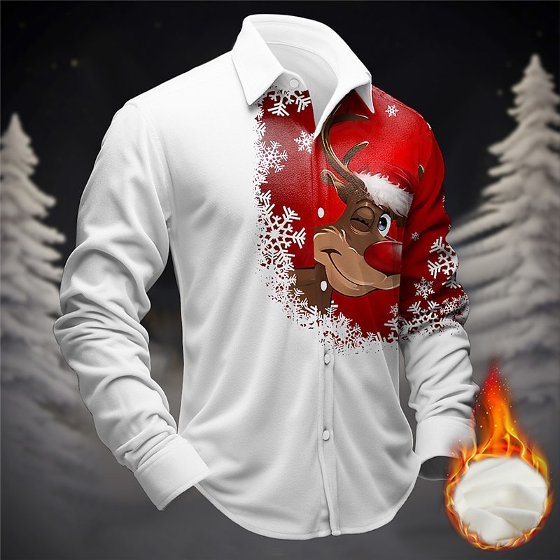 Christmas Men's Christmas animal Printed Shirts Elk Casual Fleece Long Sleeve Daily Wear Vacation Going out Fall & Winter Turndown Print Button-Down Fleece Burgundy Green Fleece