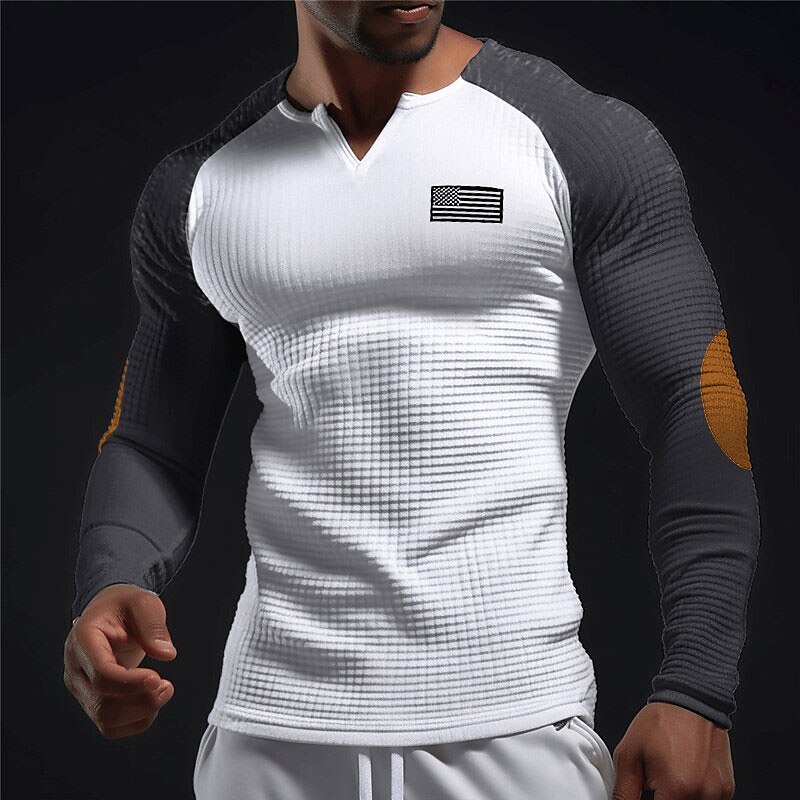 Men's Waffle Tee Waffle Shirt T Shirt Tee Top Long Sleeve V Neck Spring &  Fall Color Block National Flag Fashion Designer Basic Patchwork Vacation Street Going out Black White Navy Blue Top Tee for3