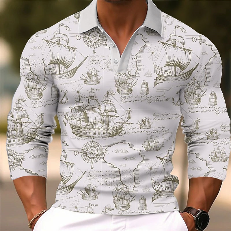 Kentucky Derby Men's Nautical Hawaiian Polo Shirts Golf Shirt Long Sleeve Polo Shirts Collared Shirts Casual Beach Wear Vacation Wear Tropical Wear Party Outfits 3D Print Buttons Fall & Winter Blue2